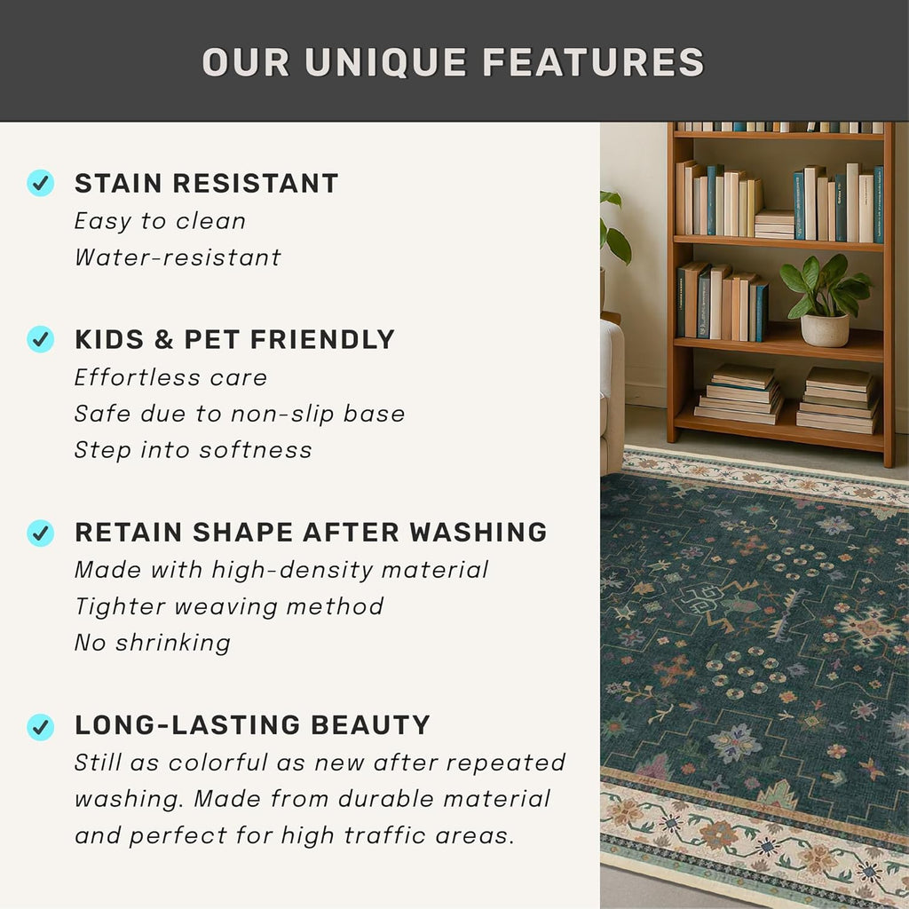 Regine Switzerland Dark Green Washable Runner Rug - 2'6"x10' Non-Skid Indoor Carpet for Hallway & Entryway