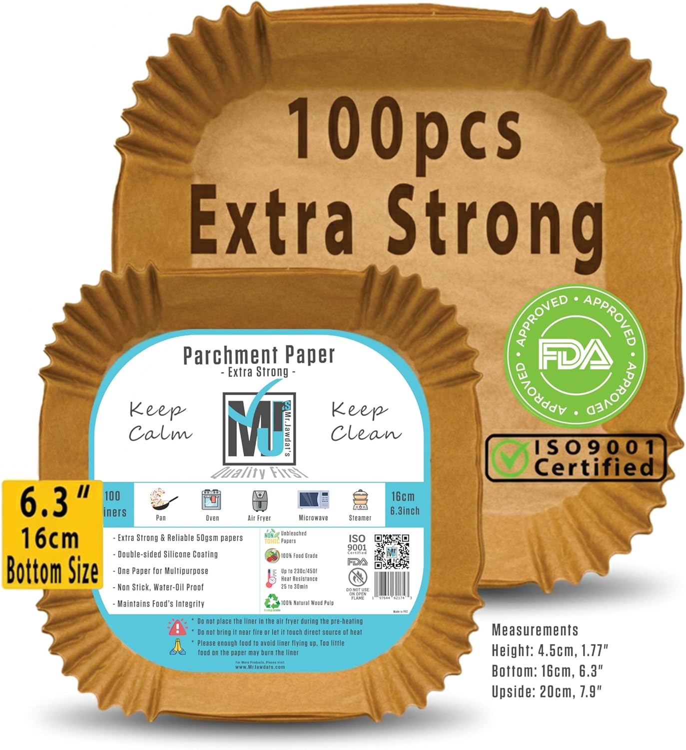 Mr. Jawdat's Extra Strong Air Fryer Disposable Paper Liners - 100 Non-Stick Square Liners (6.3 Inch)