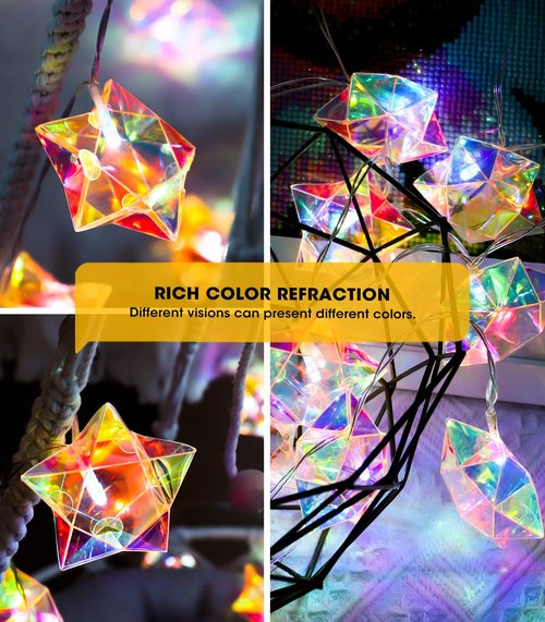 AceList Iridescent Decor 10Ft Star String Lights 20 LED USB/Battery Operated String Lights Indoor/Outdoor, Holographic Decor for Christmas Birthday Party Tent(White)