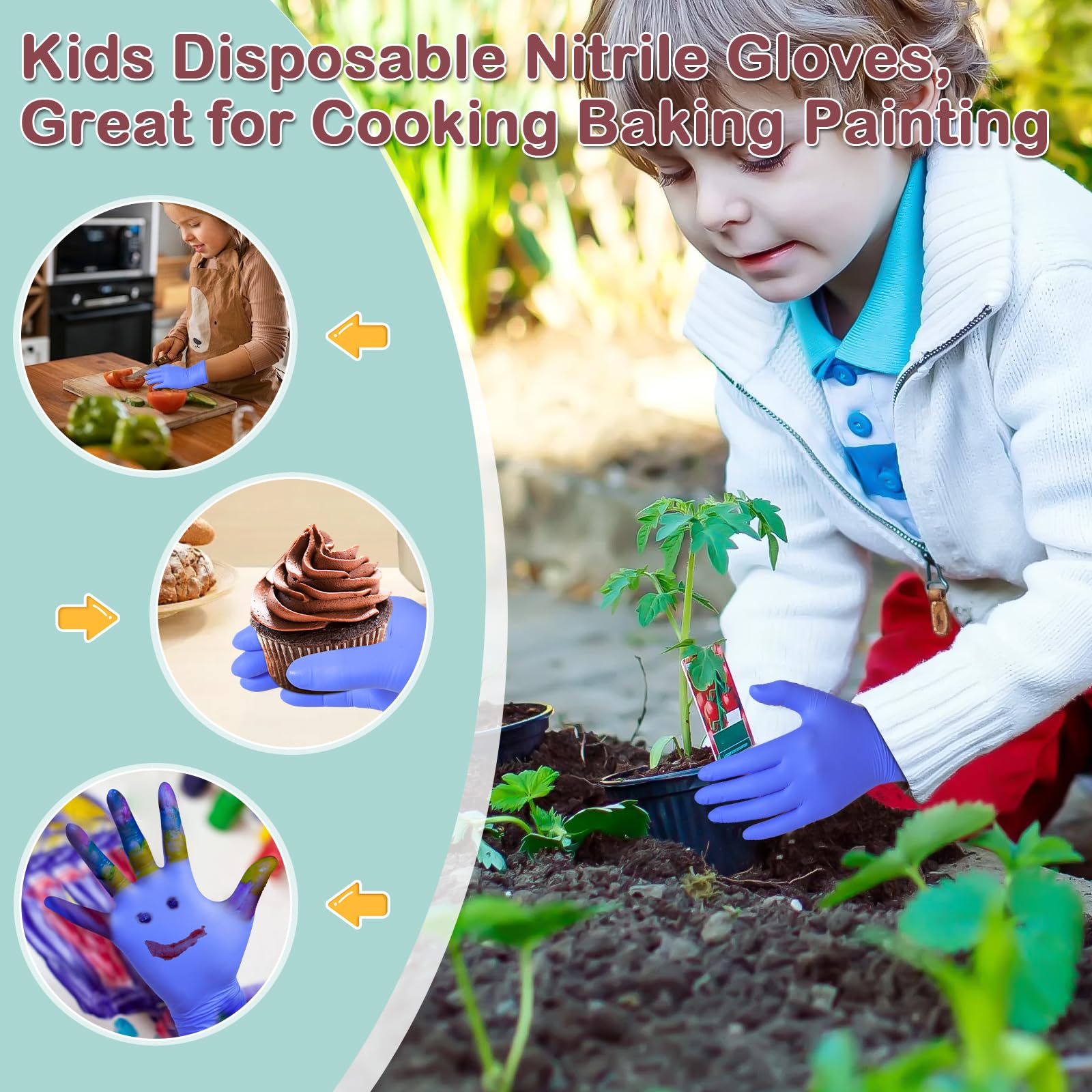 KAHACIYO Kids Nitrile Gloves, Disposable Nitrile Gloves for 4-10 Years - Latex and Powder Free -Kid Size for Cooking, Gardening Crafting, Painting, Cooking, Cleaning(100PCS)