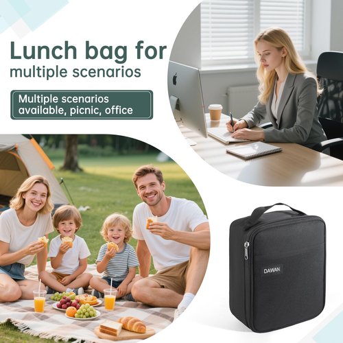 DAWAN freezable Insulated lunch bag,Built in detachable ice pack, Black, Insulated Cooler Tote with Handle for men or women, Keeps food cold or hot 8 to 10 hours, Meal Prep for Work Picnic golf