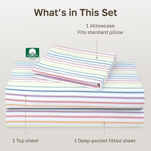 California Design Den Twin XL Cotton Sheet Set - 100% Soft, 400 Thread Count, Cozy Rainbow Stripe Bedding