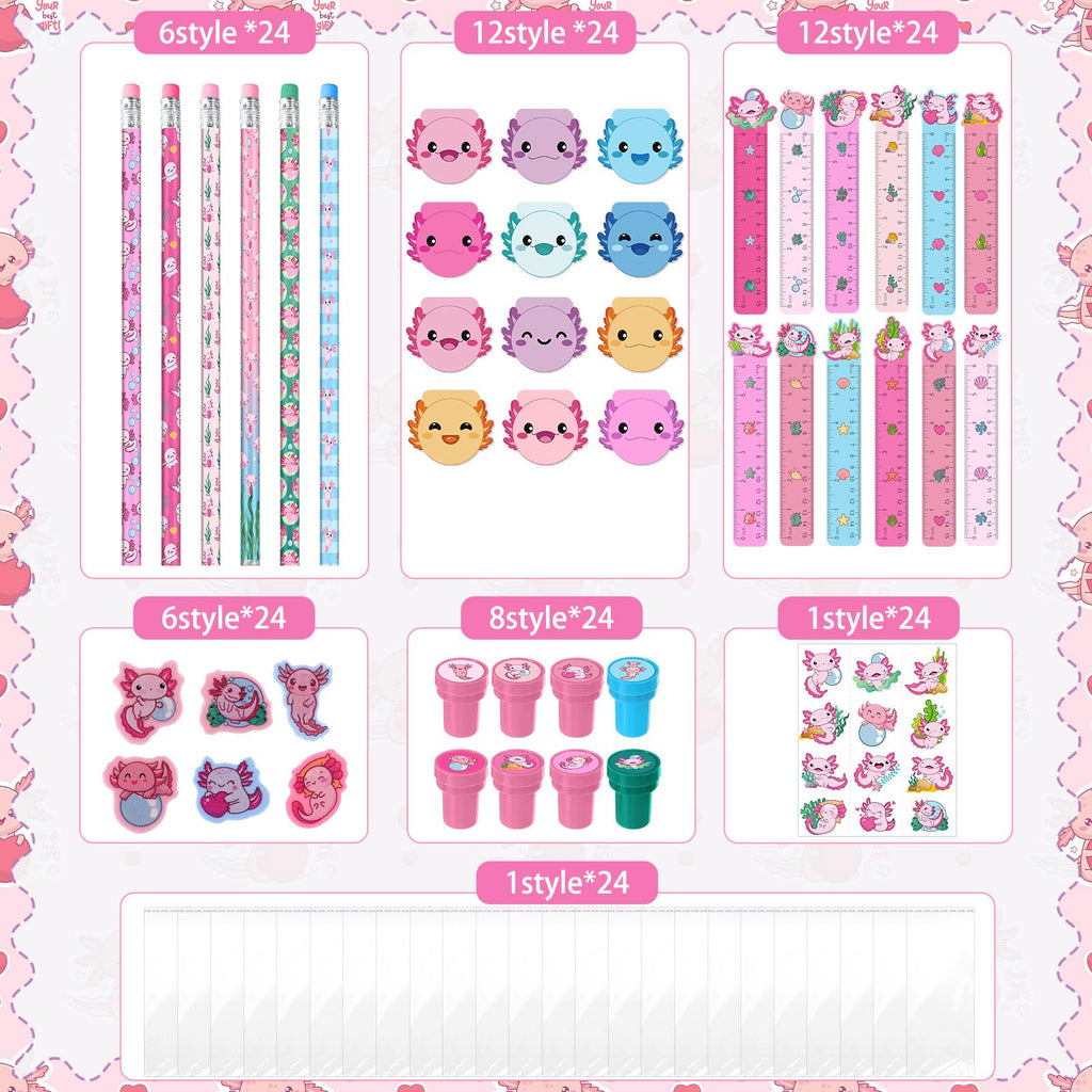 Cholemy 168 Pcs Axolotl Party Favors Axolotl Themed Pencils Notepads Stampers Rulers Erasers Stickers Bags Salamander Stationary School Supplies Kit for Valentines Day Gift Goodie Bag Piñata Filler