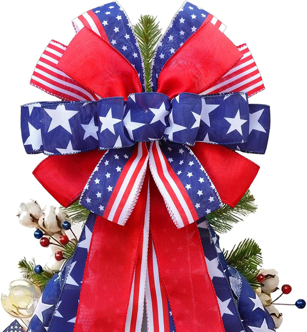Patriotic 4th of July Tree Topper Bow by [Brand Name] - Pre-Tied 52x13 Inch Ribbon for Wreaths & Decor | Red, Blue, White