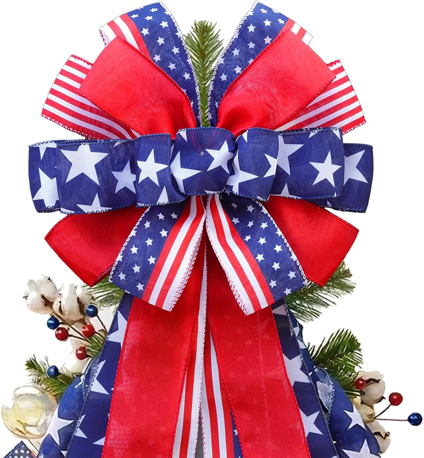 Patriotic 4th of July Tree Topper Bow by [Brand Name] - Pre-Tied 52x13 Inch Ribbon for Wreaths & Decor | Red, Blue, White