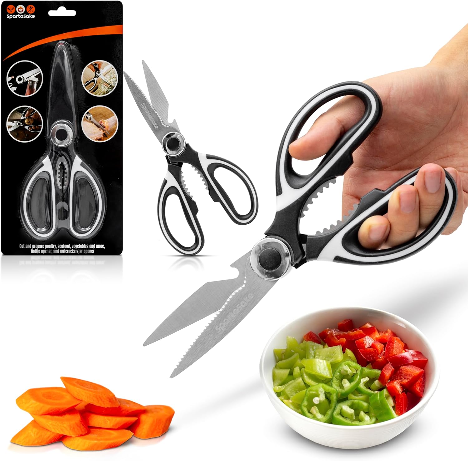 SpartaSake Premium Kitchen Shears - Heavy Duty Stainless Steel Scissors for Meat & Vegetables | Black-White