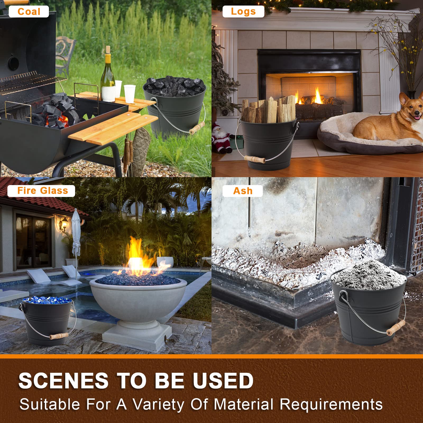 Poofzy Ash Bucket with Lid, Small Fireplace Ash Bucket with Lid and Shovel, 1.3 Gallon Metal Bucket for Fireplace with Hand Broom and Gloves, Fireplace Bucket for Ashes for Wood Stove and Fire Pit