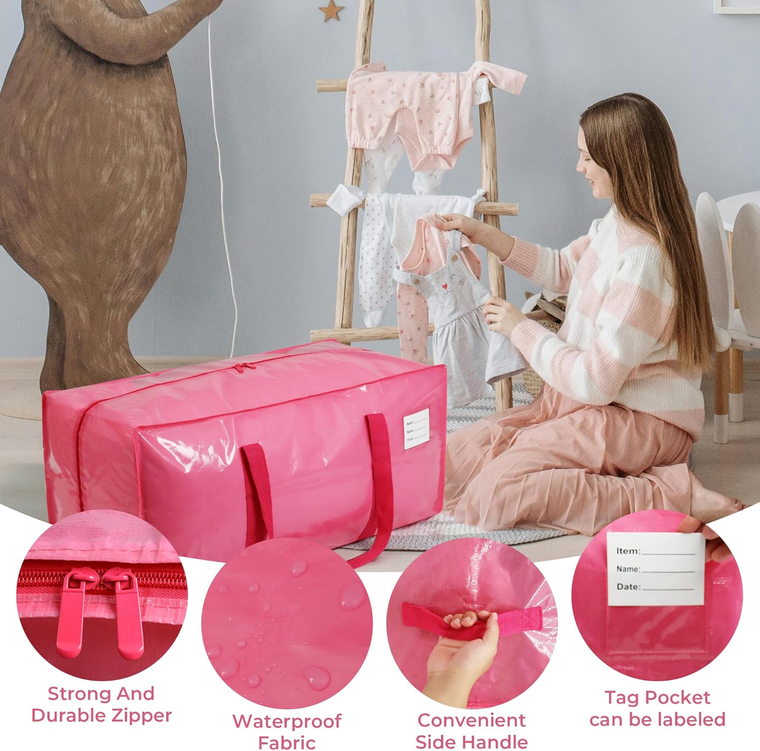 VTSVTS Extra Heavy Duty Moving Bags - 6 Pack with Comfortable Handles & Strong Zippers | Pink Storage Totes