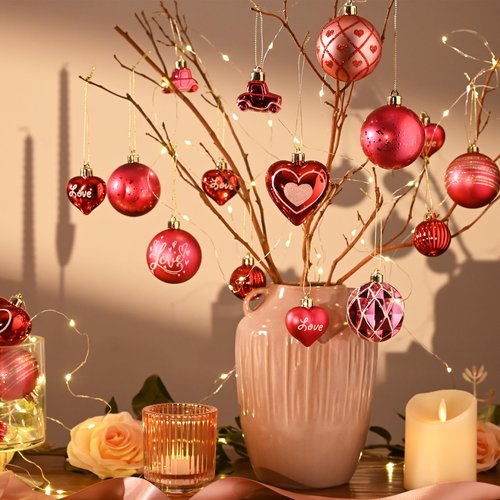 DecorbyHannah Valentines Day Ornaments Tree Decorations, 21ct Pink Red Heart Shaped Ornament Set for Tree, Valentine's Day Large Shatterproof Hanging Christmas Ball for Wedding Anniversary Party