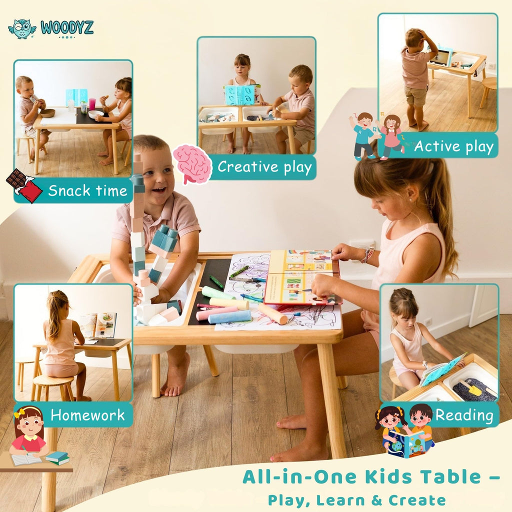 Woodyz - Evolving Sensory Table For Toddlers with Chairs & Foldable Bins - Indoor Kids Arts And Crafts Table - Play a Montessori Activity with Sand - Book/Tablet Holder- (Paper & Accessories included)