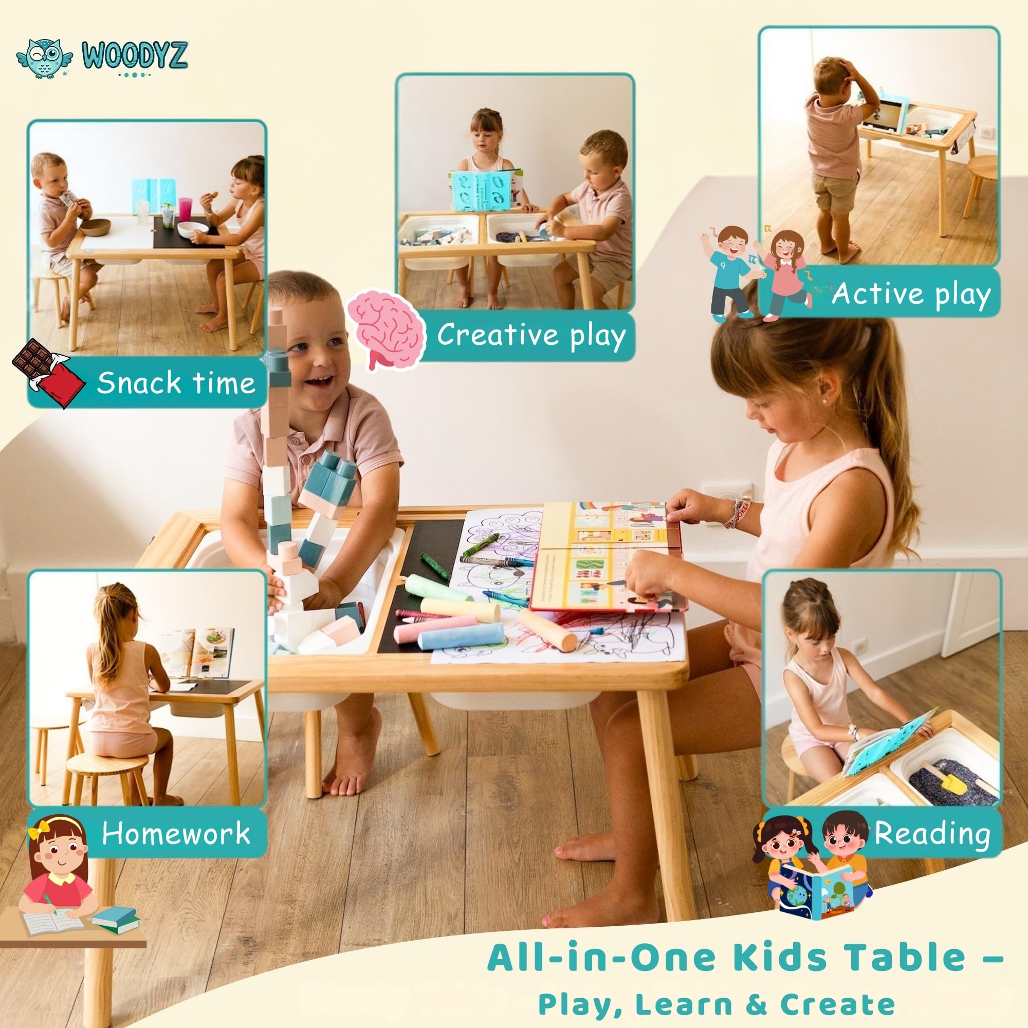Woodyz - Evolving Sensory Table For Toddlers with Chairs & Foldable Bins - Indoor Kids Arts And Crafts Table - Play a Montessori Activity with Sand - Book/Tablet Holder- (Paper & Accessories included)