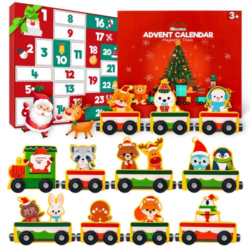 2025 Christmas Advent Calendar Gifts for Kids, Commodum Magnetic Wooden Animals Train Set, 24 Days Advent Calendar Countdown Gifts for Toddlers Boys Girls, Montessori Toys Xmas Surprise Holiday Gifts