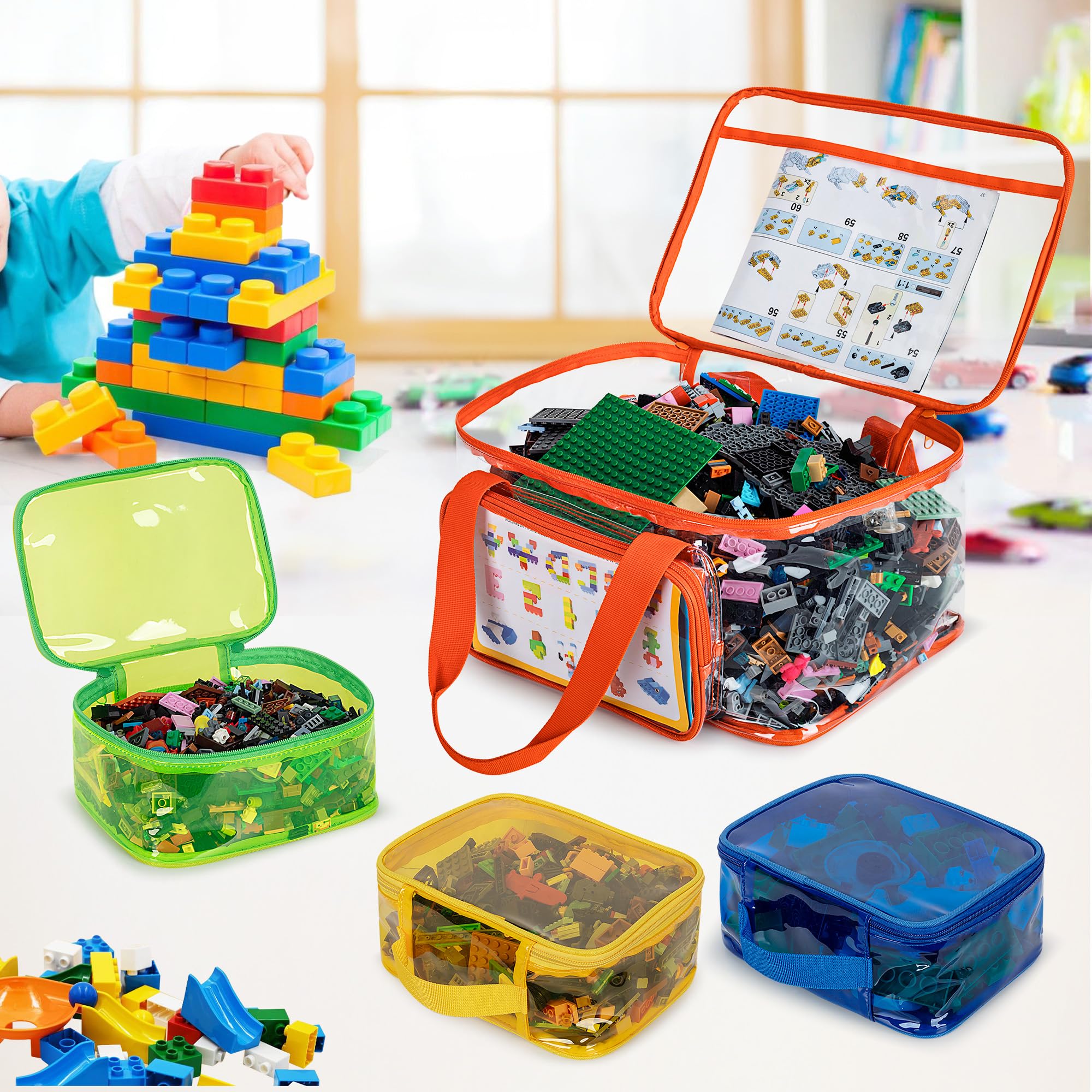Rexmica 4 Packs Toy Storage Bag for Building Bricks, Waterproof Clear Toy Organizer Case for Magnetic Tiles, Board Games, Puzzles, Building Blocks Travel Carrying Bag