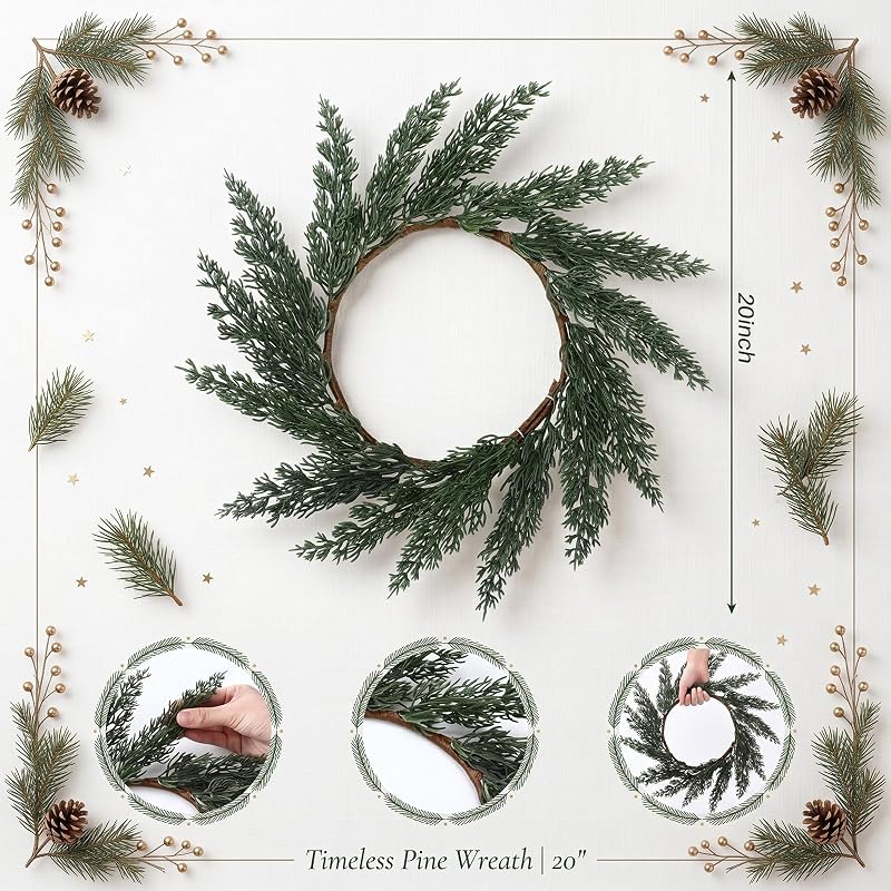 Christmas Placemat Set of 6 Artificial Pine Needle Wreath Round Mats – 26cm Center 40cm Edge, 6+ Soft Pine Needles