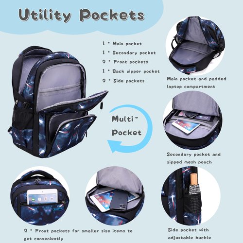 3Pcs Galaxy Kids Backpack Set for Boys with Insulated Lunch Bag, Water-resistant Boys Backpacks for School Capacity Elementary Bookbags, 3 Pieces-Galaxy-Black