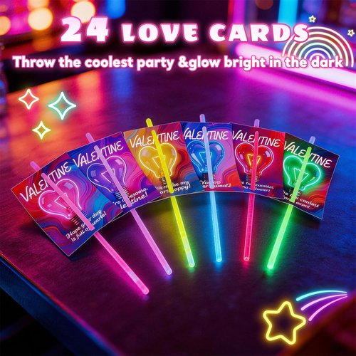 50 Glow Sticks with 24 Valentines Day Card, Glow in The Dark Neon Party Favors for Classroom Exchange, School Prizes, Kids Valentines Day Gifts Party Supplies Glow Stick Bracelets and Necklaces