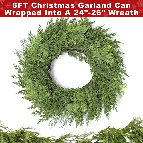 Christmas Cedar Garland, 6 Ft by 10 Inch Real Touch Soft and Thick Green Faux Pine Garland Artificial 40 Cedar 50 Cypress for Home Decor Fireplace Wall Indoor Outdoor Holiday Party Decorations