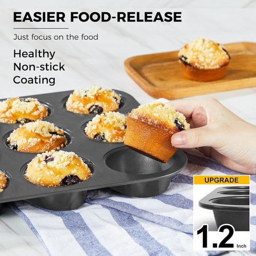HONGBAKE Nonstick Muffin Pan - 12-Cup Baking Tray Set, Dishwasher Safe | Dark Grey Finish