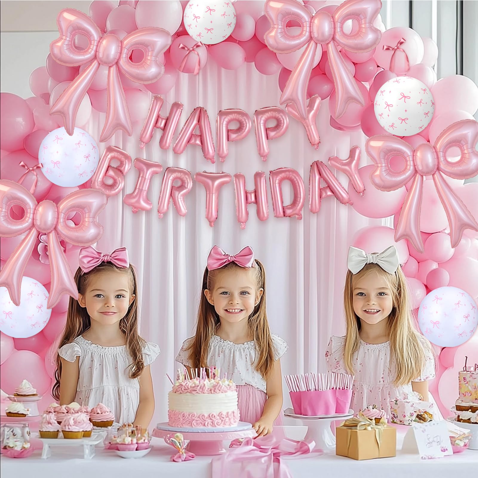 Pink Happy Birthday Balloons, 31”Huge Pink Bow Aluminum Foil Balloons for Girl Woman Birthday, Princess, Coquette Party Decorations Supplies