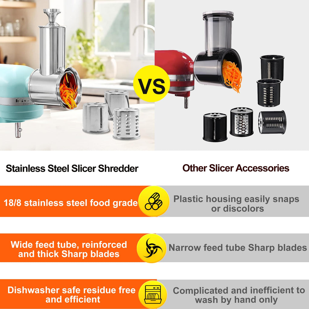 Stainless Steel Slicer Shredder for KitchenAid Mixer Attachment Vegetable & Cheese Grater Attachment with 4 Blades (Fine, Medium, Coarse, Slicer), with Knob, Dishwasher Safe, Durability