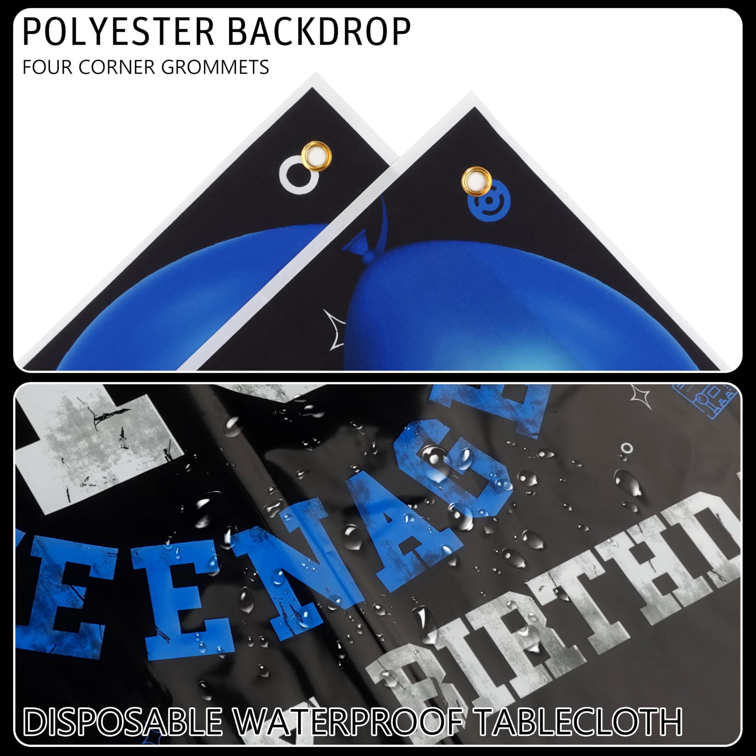 13th Birthday Decorations for Boys, Official Teenager Happy 13th Birthday Decor with Banner Backdrop Tablecloth & Number 13 Balloon Arch Kit for 13 Year Old Birthday Party Supplies(Black Blue)