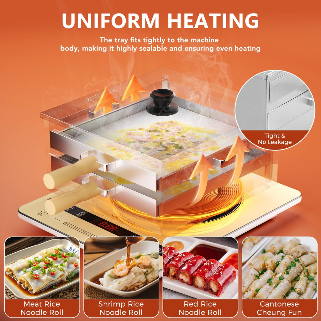 Z-stralink Rice Roll Steamer, Cantonese Stainless Steel 2-Tier Rice Noodles Steamer Machine, Steam Rice Roll Maker with Long Wooden Handle for Commercial and Home Use for Cheung Fun/Dumplings/Dim Sum