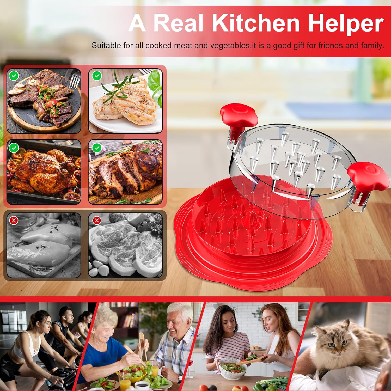SURETIVIAN Chicken Shredder - Ergonomic Meat Shredder Tool with Brush & Fork | BPA-Free, Red