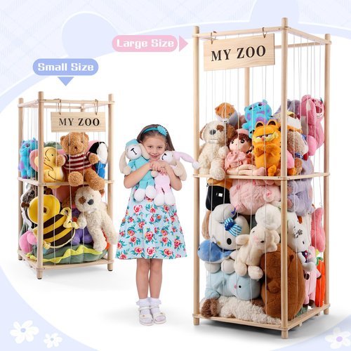 GLDZI Stuffed Animal Storage Zoo, Wooden Stuffed Animal Organizer with Elastic Cords for Boys Girls, Space Saving Toy Plushies Storage Holder for Playroom, Bedroom, Living Room (Burlywood, Small)