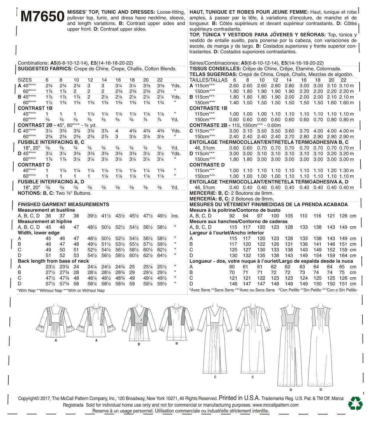 McCall Patterns Misses V Square-Neck Top/Tunic and Dresses