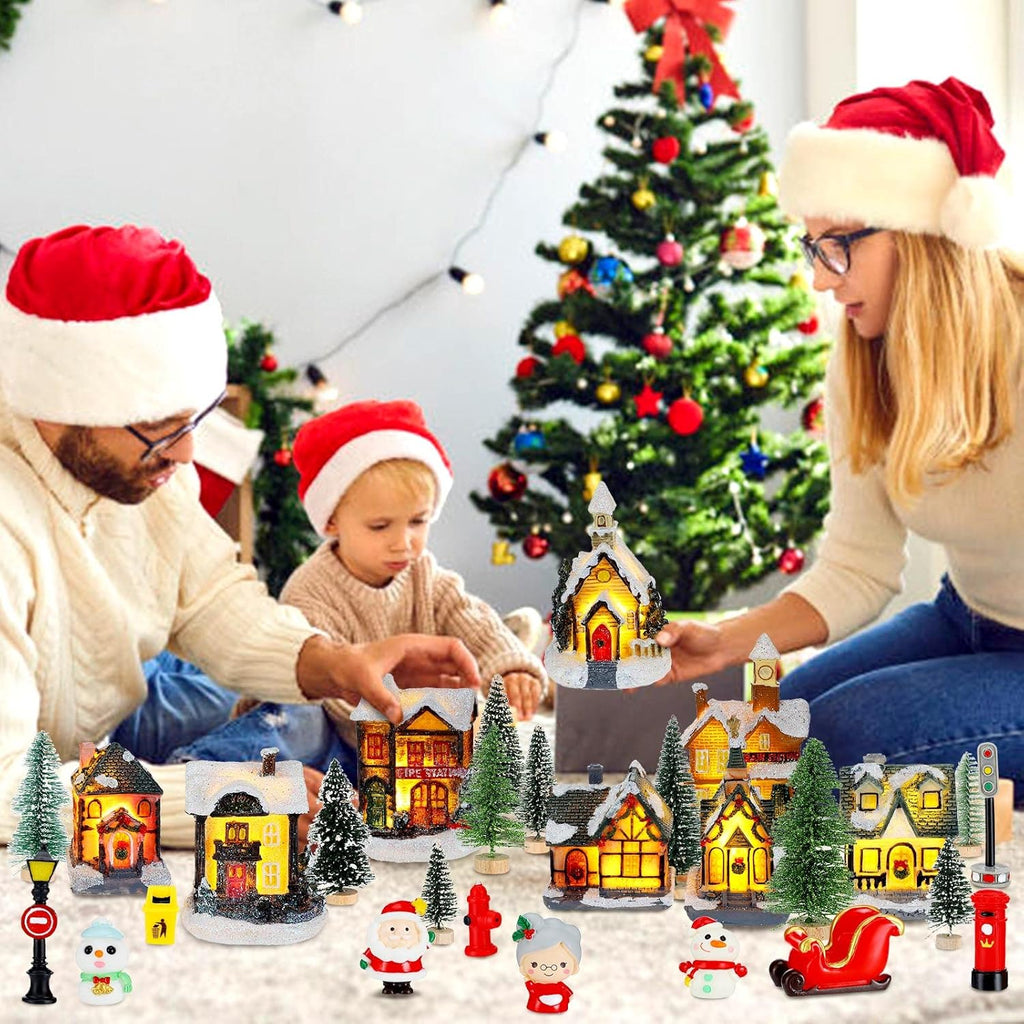 Woanger 29-Piece Christmas Village Set | LED Lighted Houses & Figurines for Holiday Decor