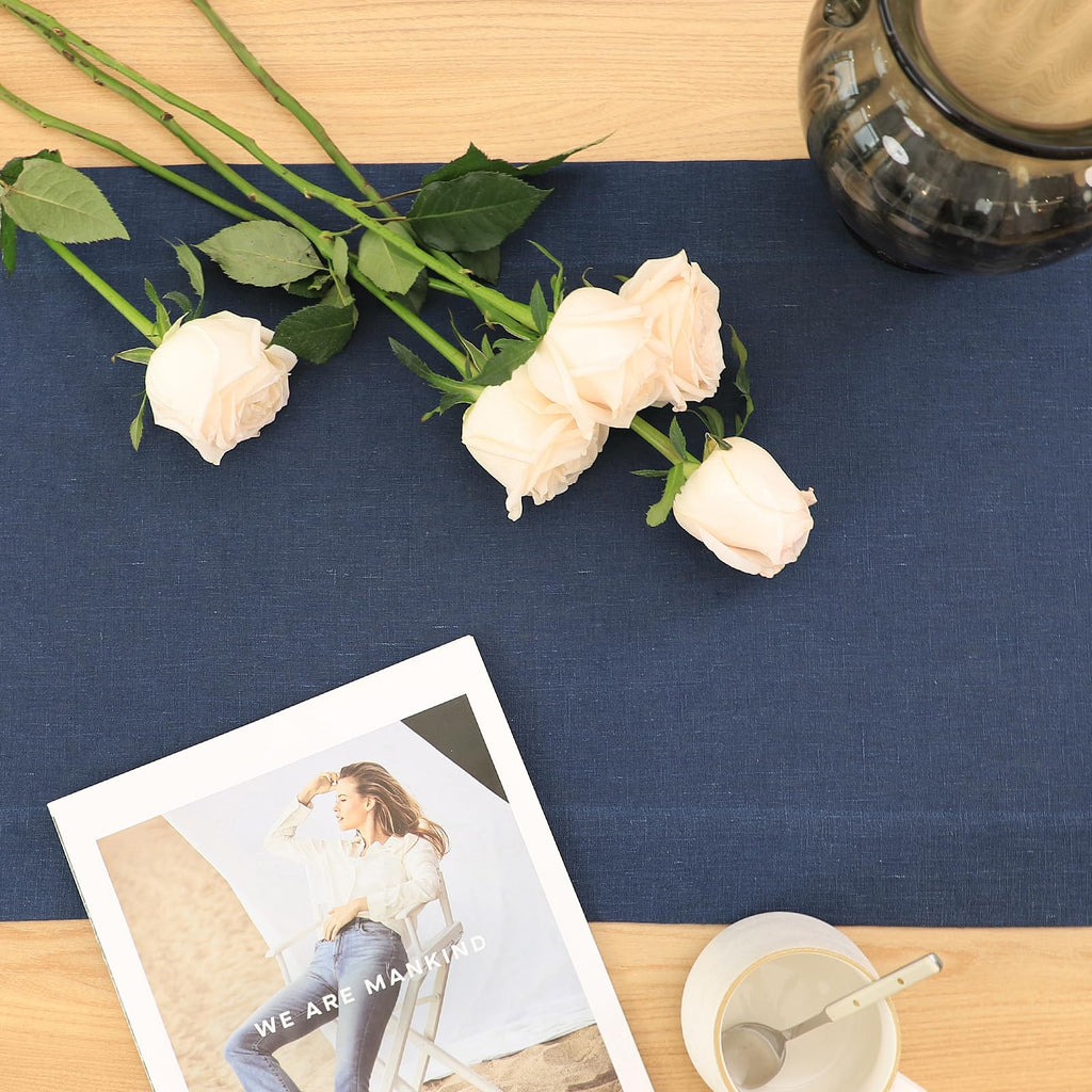 Tseapeni Linen Table Runner 108 Inches Long, 100% Natural Table Runners for Coffee Table Kitchen Dining Dresser Fall Thanksgiving Christmas New Year Holiday(Navy Blue,14x108)