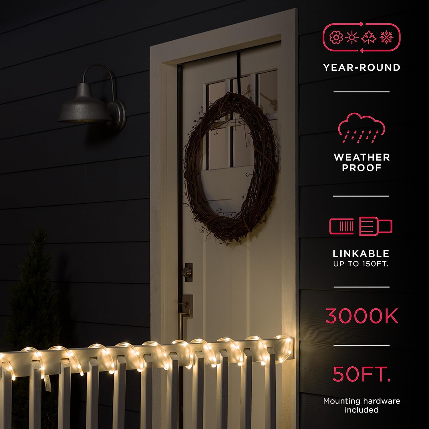 UltraPro LED Rope Lights - 50ft Classic Clear Warm White 3000K - Flexible & Durable Indoor/Outdoor Lighting