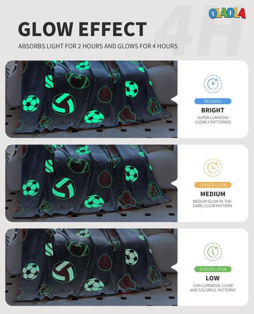 OLAOLA Soccer Glow in The Dark Blanket for Kids Boys Girls Toddler, Soft Warm Cozy Sports Theme Basketball Throw Blanket, 60"x80", Polyester, Machine Washable