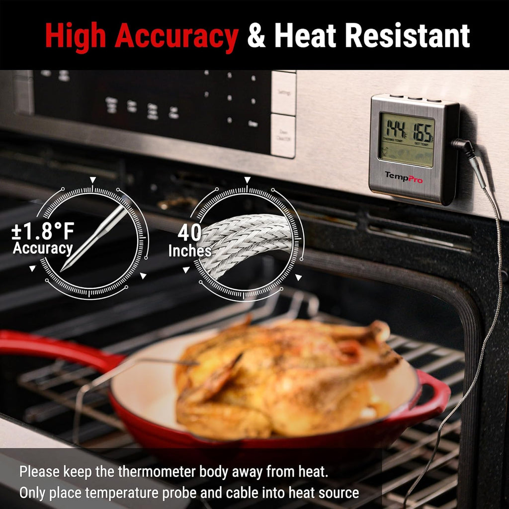TempPro TP16 Digital Cooking Thermometer - Large LCD Display & Stainless Steel Probe for BBQ, Oven, Smoker