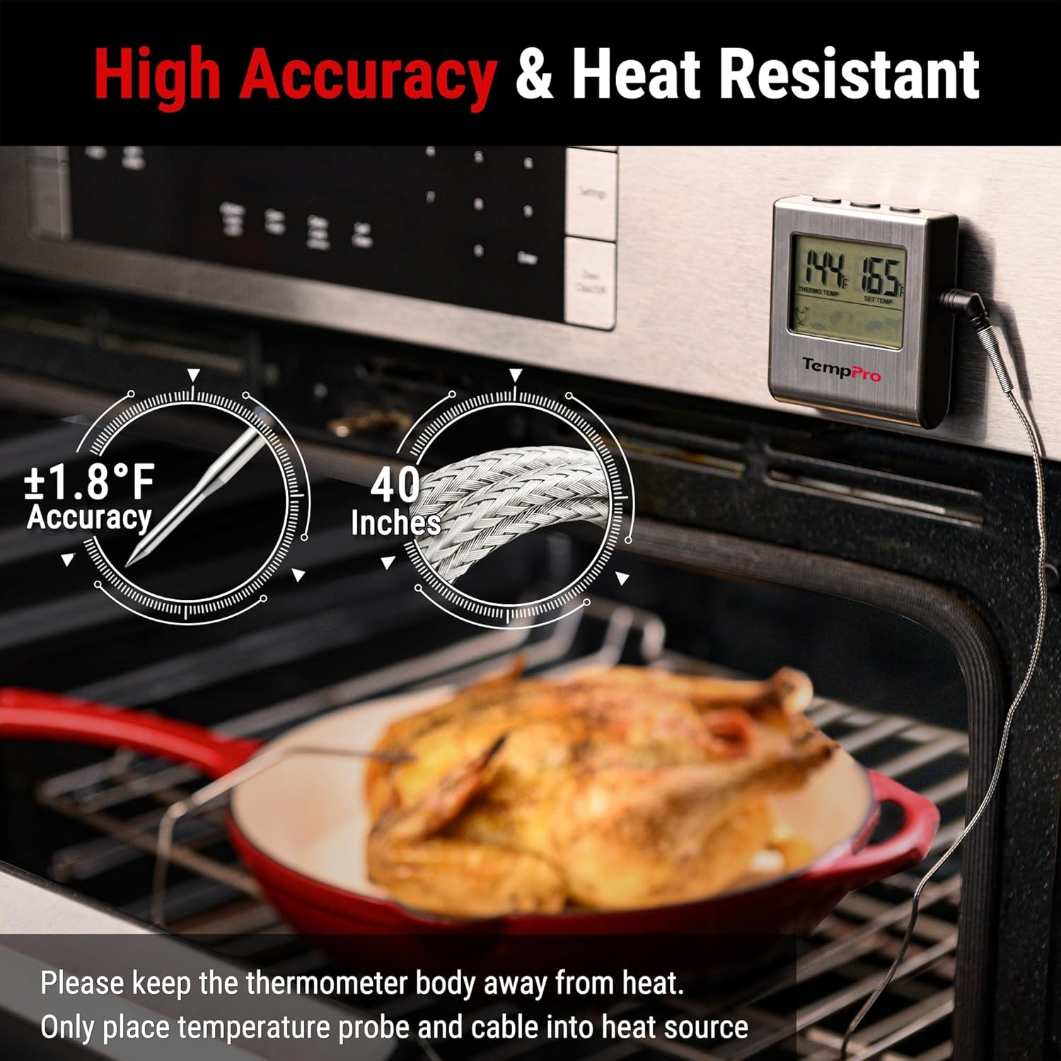 TempPro TP16 Digital Cooking Thermometer - Large LCD Display & Stainless Steel Probe for BBQ, Oven, Smoker