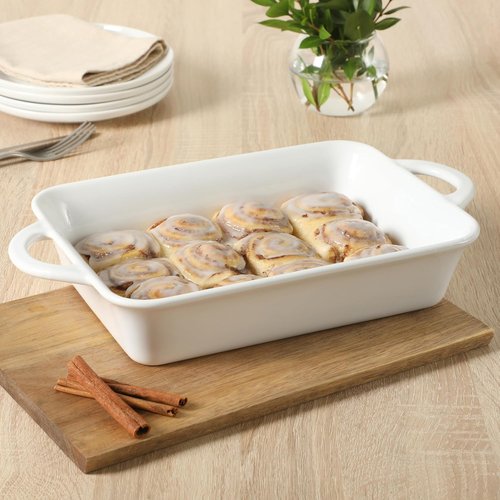 Gibson Home Gracious Dining Baking Dish - 2.5-Quart White Stoneware Casserole with Handles | 14.6 x 8.5-Inch Oven Safe