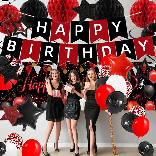 Red Black Birthday Decorations, Happy Birthday Banner, Backdrop, Balloons, Honeycomb Balls, Star Foil Balloons, Stars Hanging Swirls & Cake Topper for Baby Boys Girl Men Women Birthday Decoration