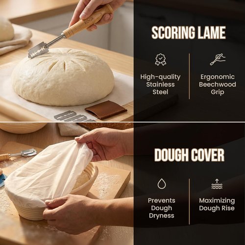 Kook Banneton Bread Proofing Set - Artisan Sourdough Kit with Rattan Baskets & Tools | Set of 2