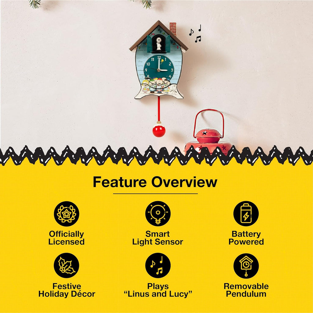 Mark Feldstein Peanuts Gang Holiday Cuckoo Clock - Icy Blue, 17-Inch Decorative Timepiece