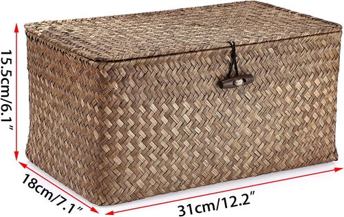 Hipiwe Wicker Shelf Baskets - Handwoven Seagrass Storage Bins with Lid | Medium Coffee Color