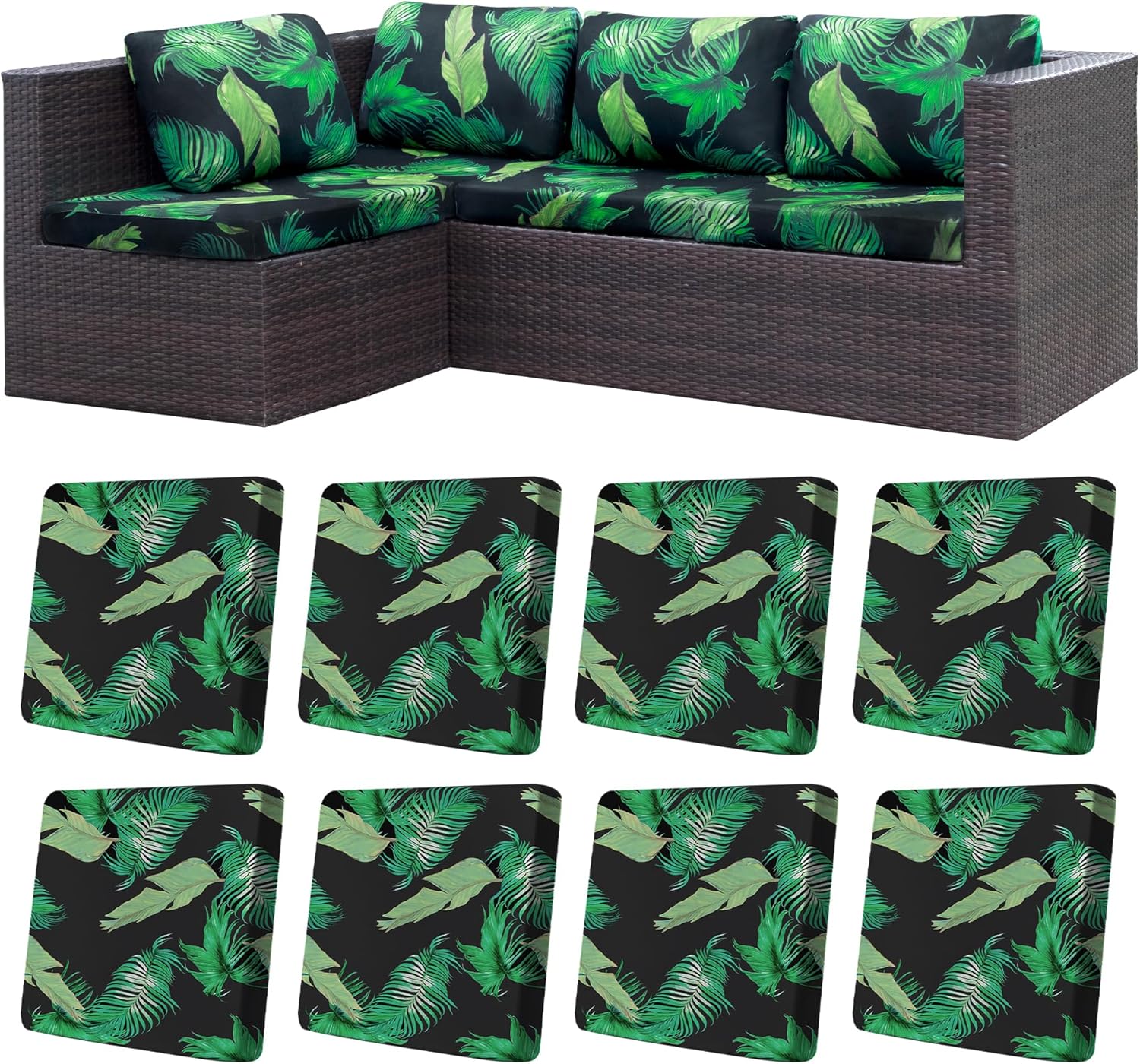BIETYONE Outdoor Couch Cushion Covers - 8Pcs Washable & Reusable Slipcovers | Green Leaf Design