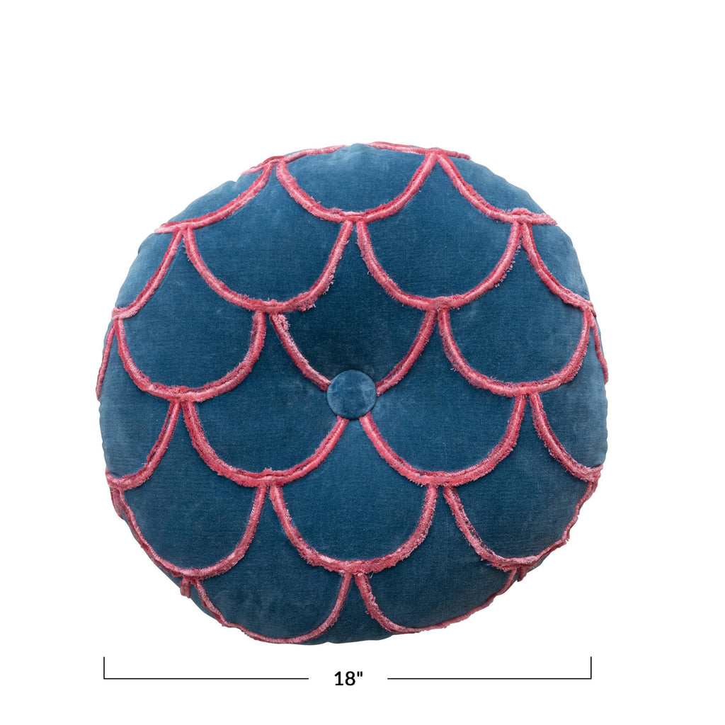 18 Inches Round Cotton Pillow with Tufted Scallop Pattern, Navy Blue and Pink