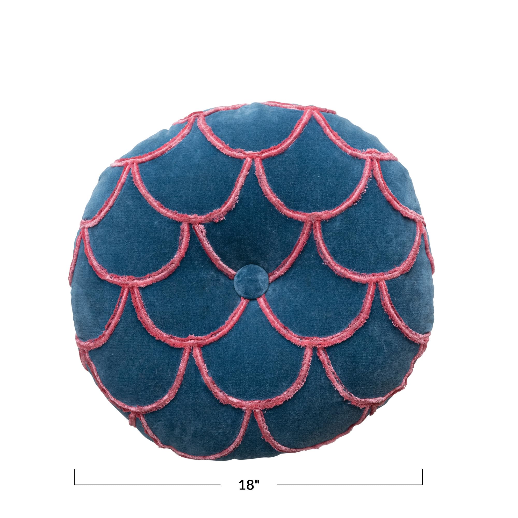 18 Inches Round Cotton Pillow with Tufted Scallop Pattern, Navy Blue and Pink