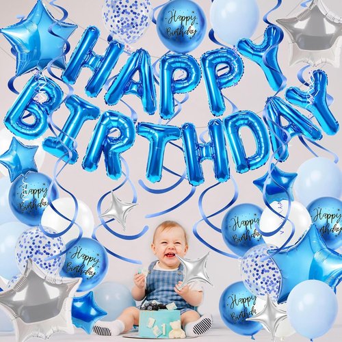 Blue Birthday Decorations - 3D Foil Happy Birthday Balloon Banner with Star & Confetti Balloons