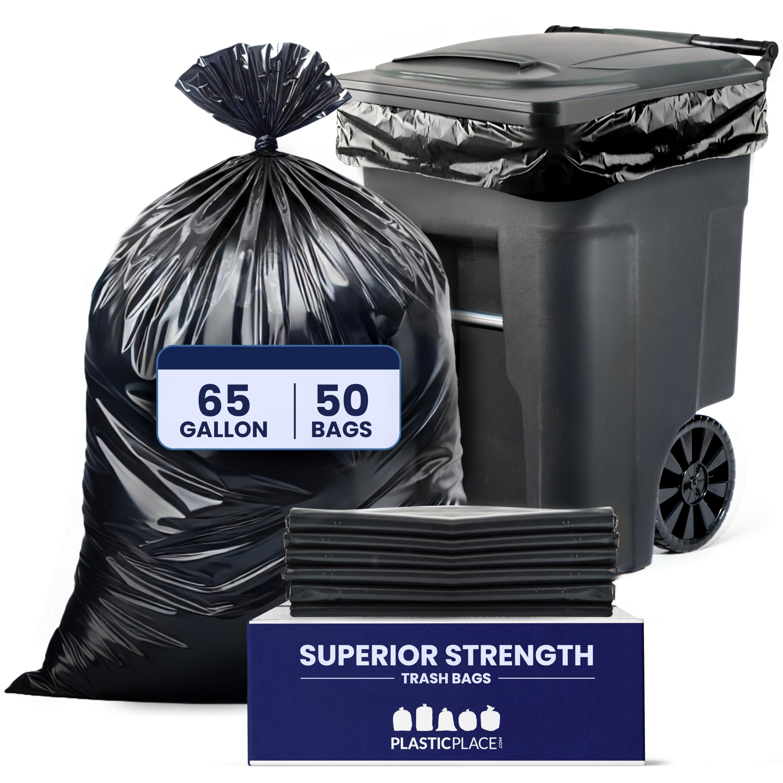 Plasticplace 65 Gallon Trash Bags │ 3.0 Mil │ Black Heavy Duty Garbage Can Liners │ 50” X 48” (50Count)