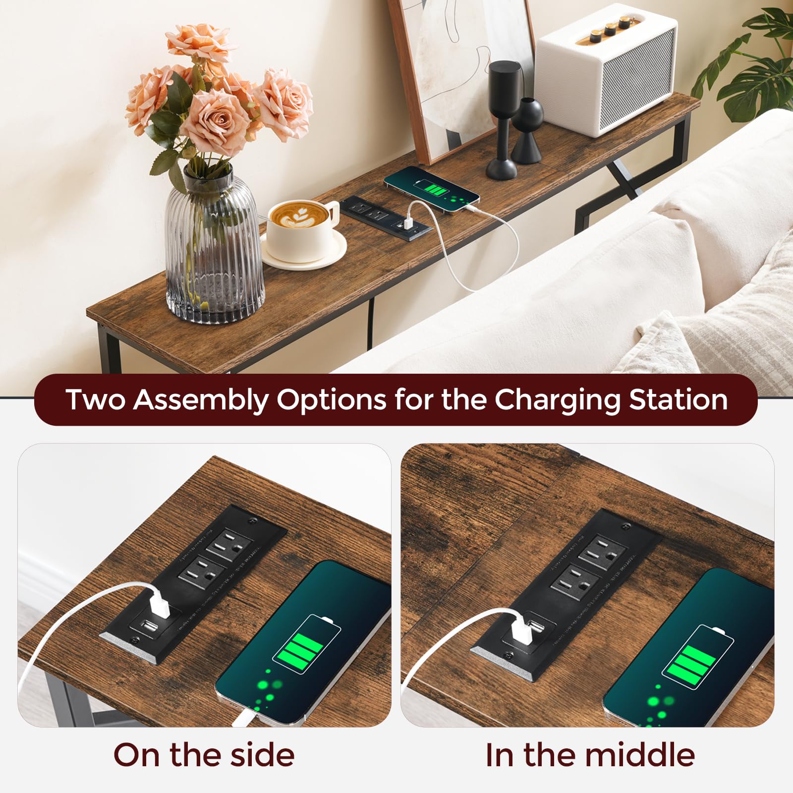 MAHANCRIS Sofa Console Table, 44.9" Entryway Table with Charging Station, Narrow Couch Table, Hallway Table, Sofa Table with USB Ports, Metal Frame, for Entrance, Living Room, Rustic Brown CTHR113E01