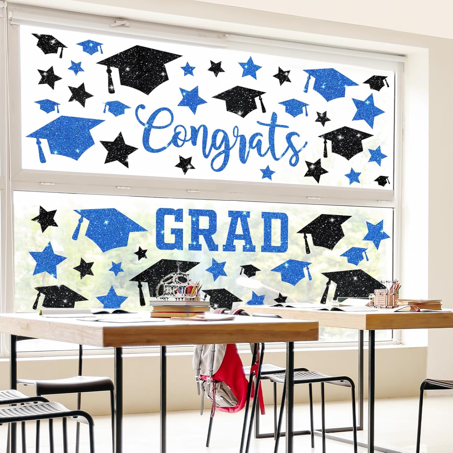 Whaline Glitter Graduation Window Clings - Reusable Blue & Black Decor for Home & School Celebrations