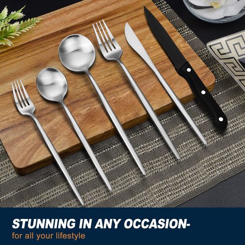 EUIRIO 48-Piece Matte Silverware Set with Steak Knives, Flatware Set for 8, Stainless Steel Forks and Spoons Silverware Sets, Satin Finish, Dishwasher Safe Cutlery Utensils Set