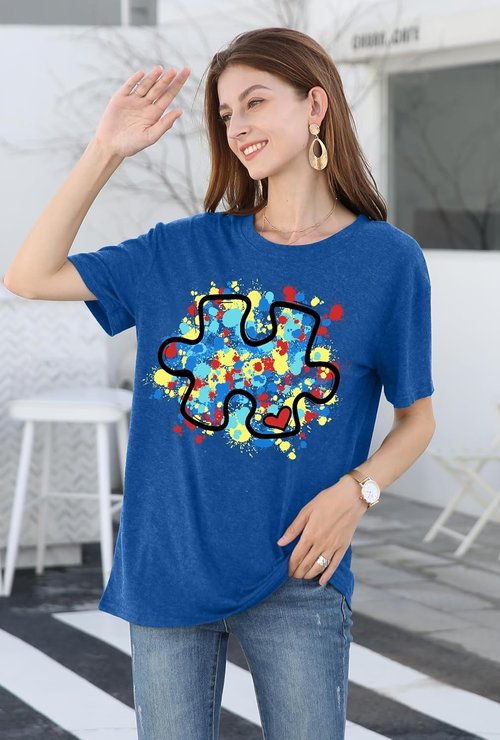 LAZYCHILD Autism Awareness Shirt - Women's Blue Puzzle Piece Tee for Support & Advocacy