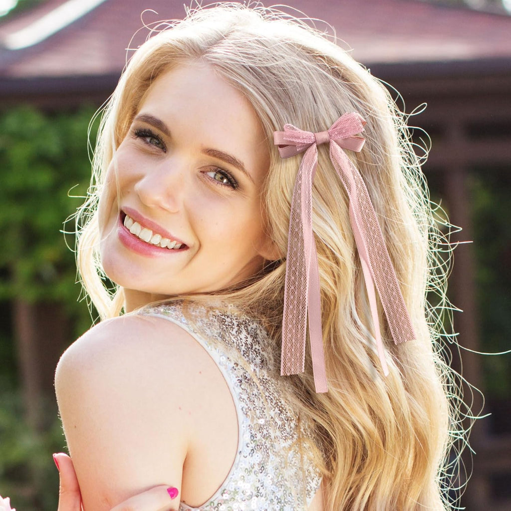 Skiennix Pink Lace Hair Bows - Cute Coquette Bow Clips with Long Tail Ribbons for Women | Perfect for Weddings & Events